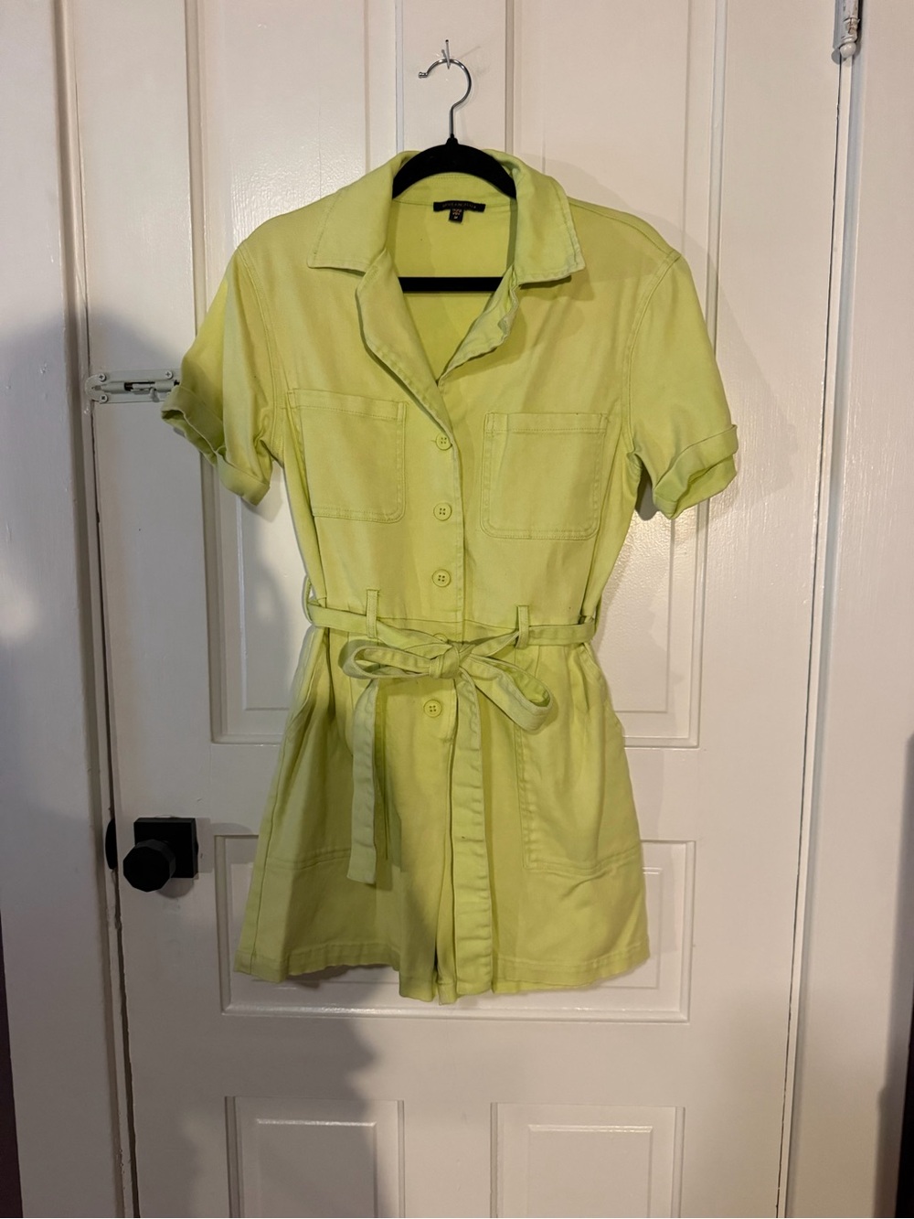 Lime Green Short Sleeve Utility Romper with Tie Waist
